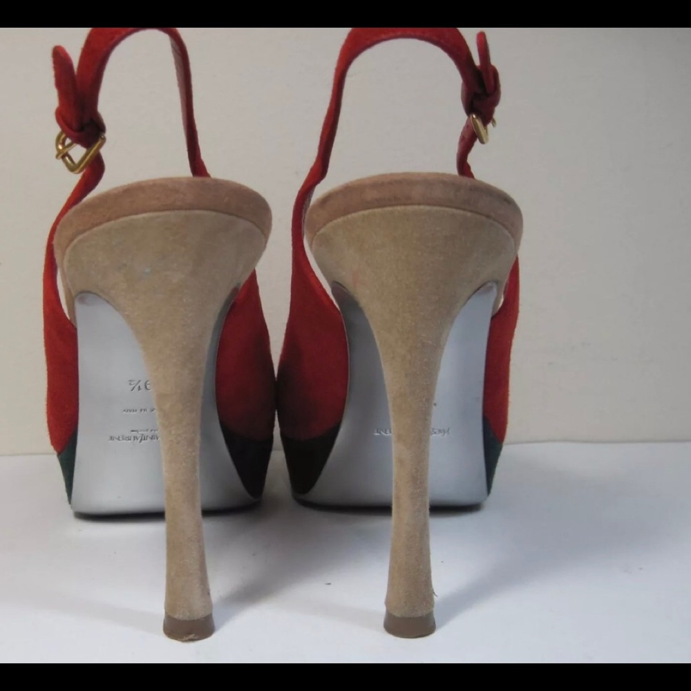 St. Laurent YSL Sling Back Peep Toe Pumps Red - Picture 4 of 7